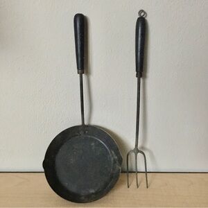 Antique Long Handle Iron Skillet + Matching Long Stem Three-Tined Fork